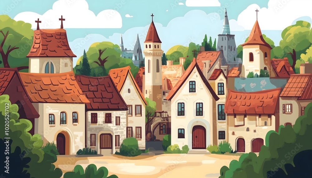 An illustration of a medieval european town in a cartoon-like style An illustration of a medieval european town in a cartoon-like style