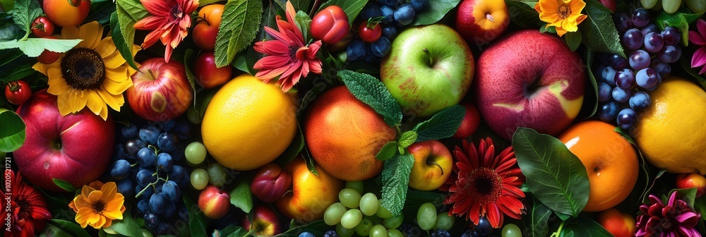 An array of fresh and ripe fruits alongside bright flowers is gathered together in a natural daylight setting, showcasing vibrant colors. Generative AI An array of fresh and ripe fruits alongside bright flowers is gathered together in a natural daylight setting, showcasing vibrant colors. Generative AI