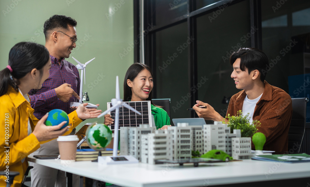 Businessman team brainstorming using tablet, laptop computer for working technology and business, Renewable energy-based green businesses and global warming. Reduce CO2 emission.