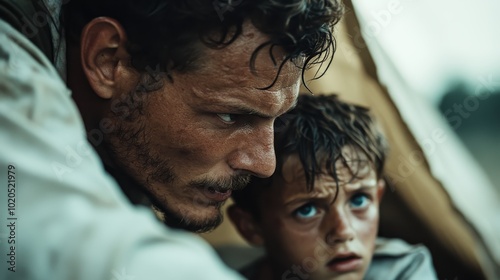 A man protectively sits close to a worried child under a tent's shelter, communicating safety in a scene touched with tension and intimacy.