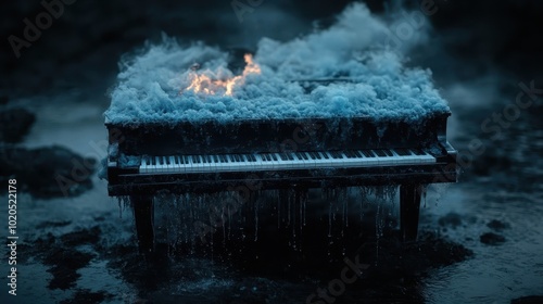 An intriguing image of a piano engulfed in flames amidst icy surroundings, creating a dramatic contrast between fire and ice, symbolizing duality and intensity. photo