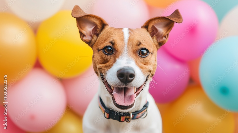 A happy dog with a playful smile, surrounded by colorful balloons, perfect for pet lovers and festive occasions.