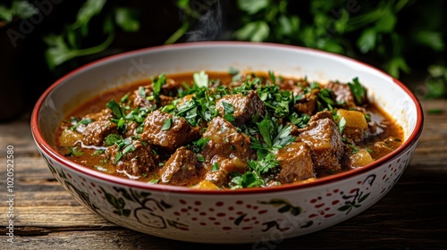 A steaming bowl of succulent beef stew, topped with vibrant green parsley, signifies comfort food with its robust flavors and homely presentation in a patterned bowl. photo