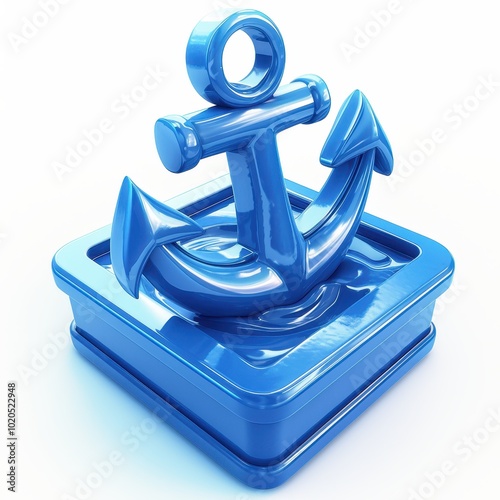 A stylized blue anchor rests on a shiny square base, symbolizing maritime themes, This image can be used for nautical designs, logos, or any content related to the ocean or stability, photo