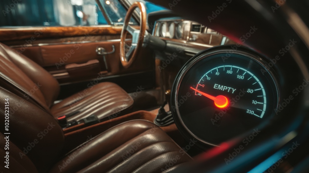 Empty Gas Gauge Needle in Classic Car Interior Empty Gas Gauge Needle in Classic Car Interior