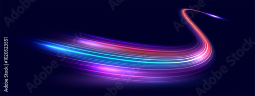Modern abstract high speed movement. Dynamic motion light trails on dark blue background. Futuristic digital technology movement concept. Pattern for banner. Vector EPS10.