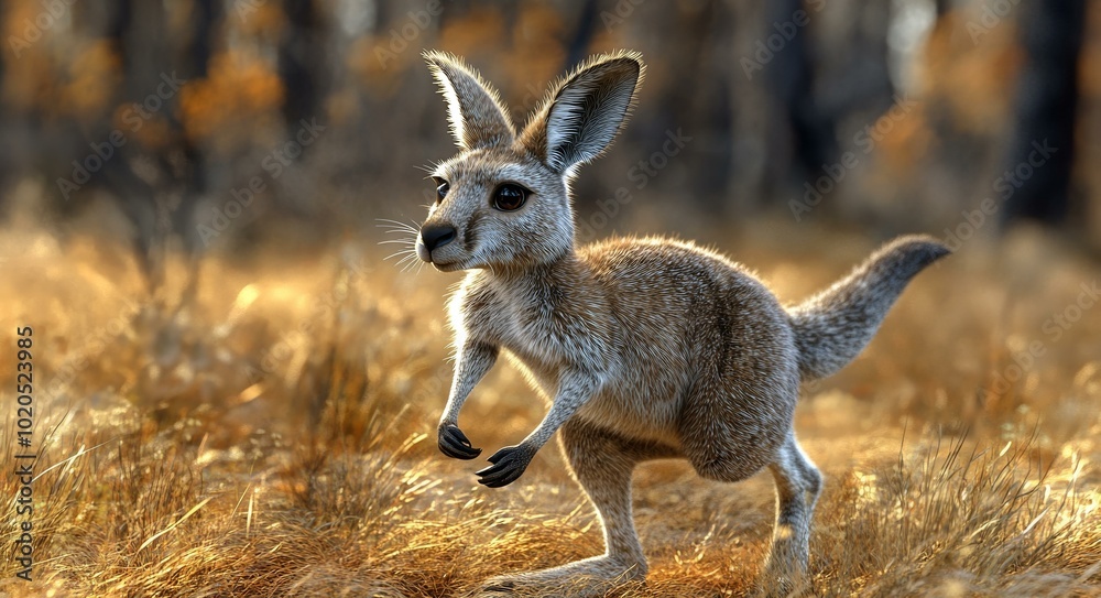 Fototapeta premium Adorable Kangaroo Jumping in Grassy Field