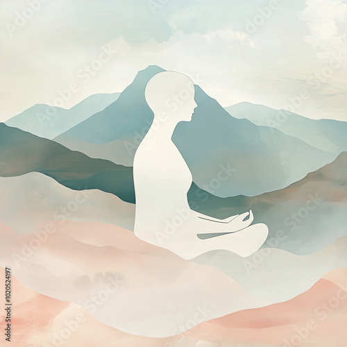 Meditierender Mensch weiße Figur in Berglandschaft in sanftem Morgenlicht als Aquarell Illustration - Meditative Gelassenheit in der Natur  photo