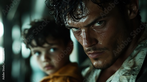 A captivating close-up of a man and young boy enveloped in dim lighting, exuding emotions of intensity, protection, and mystery in a compelling ambiance.