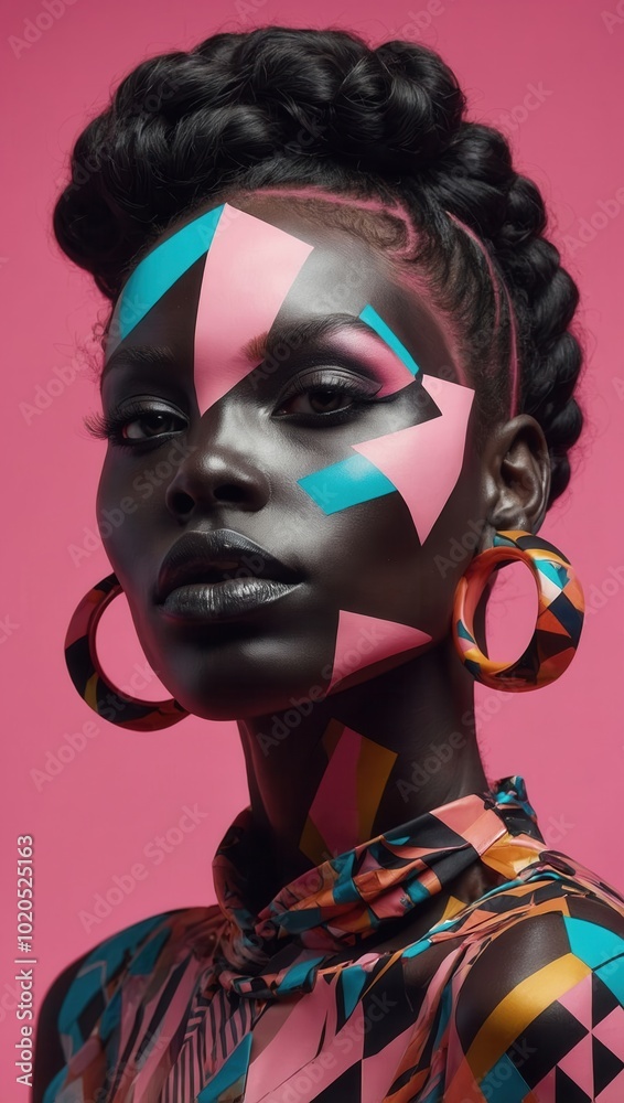 Woman with geometric face design and vibrant earrings in a bold, colorful outfit