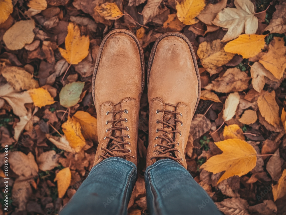 Exploring autumn trails with sturdy boots amidst a colorful carpet of fallen leaves Exploring autumn trails with sturdy boots amidst a colorful carpet of fallen leaves