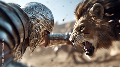 A warrior in elaborate armor confronts a roaring lion amidst flying debris, capturing the intense clash of bravery and fearsome wildlife in a historic arena setting. photo