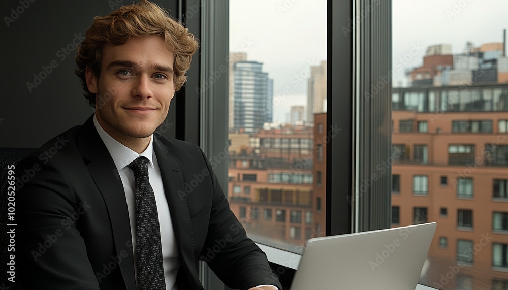 Confident Young Businessman Working on Laptop, Modern Office Space, City View Background