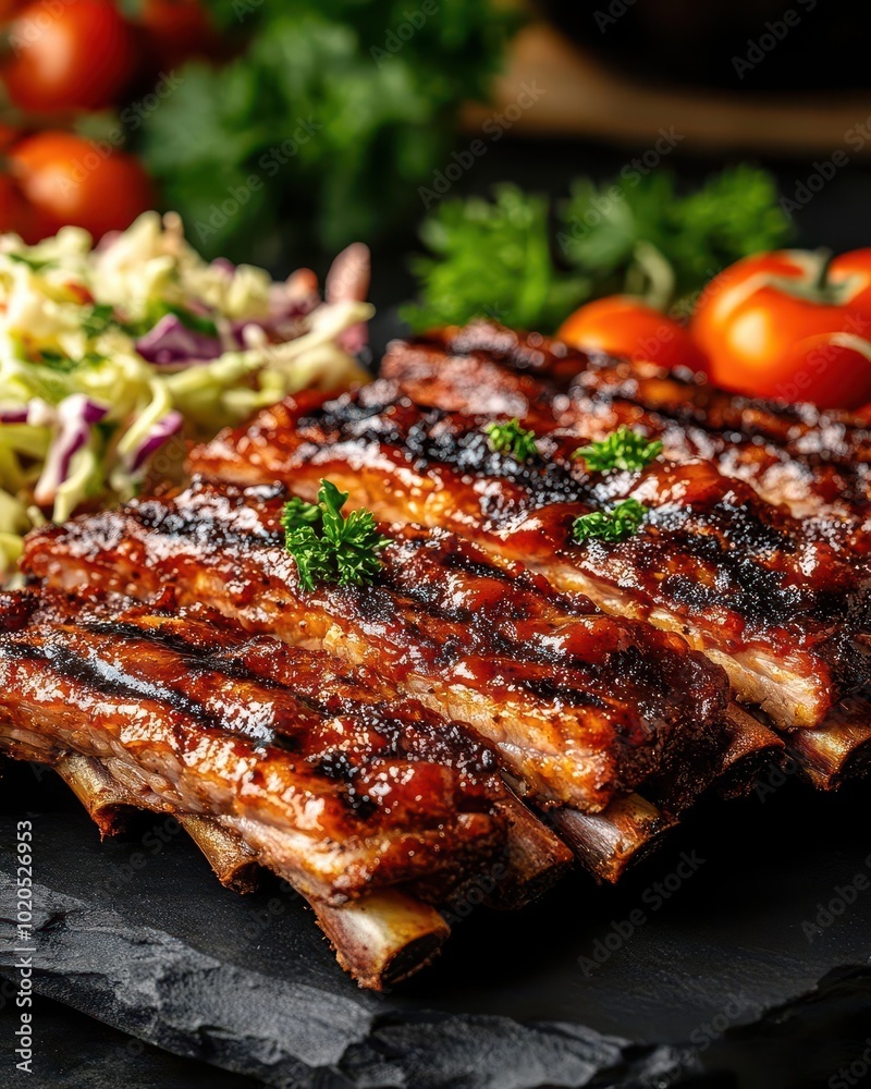 Delicious Grilled BBQ Ribs with Coleslaw and Tomatoes