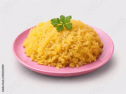 Delicious Yellow Rice on Pink Dish – Isolated Transparent Background