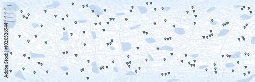 Flexible charging solutions, public charging stations available nearby. Select the most convenient route to drive. City map with charging stations icon available. Vector illustration