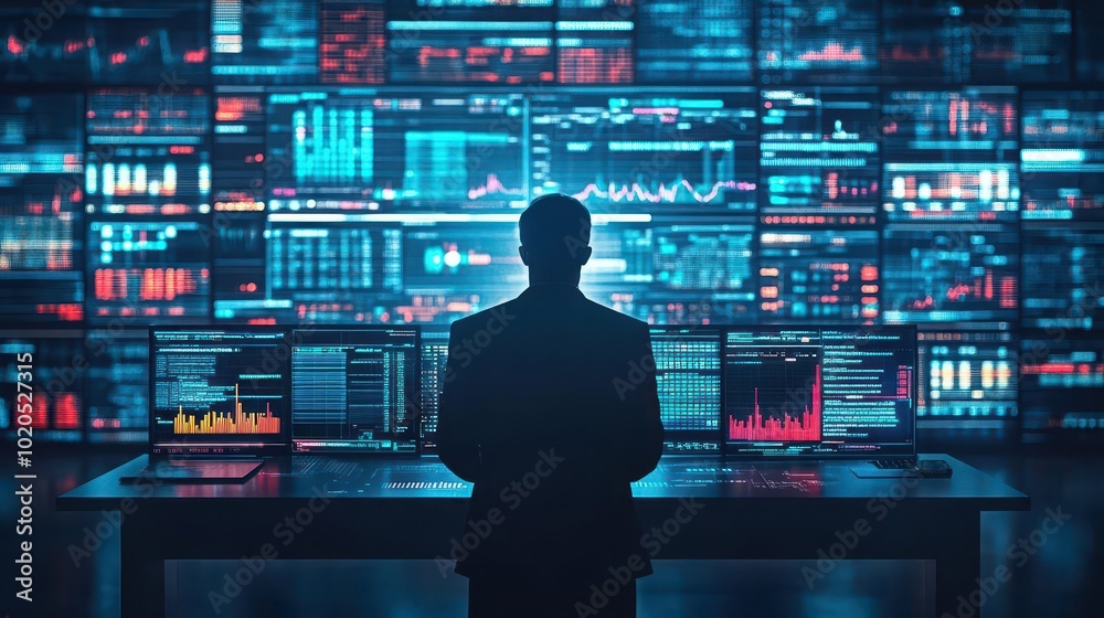 A CEO s shadow looming over a desk filled with digital screens displaying financial data, Holographic, Dark aesthetic, Techdriven A CEO s shadow looming over a desk filled with digital screens displaying financial data, Holographic, Dark aesthetic, Techdriven
