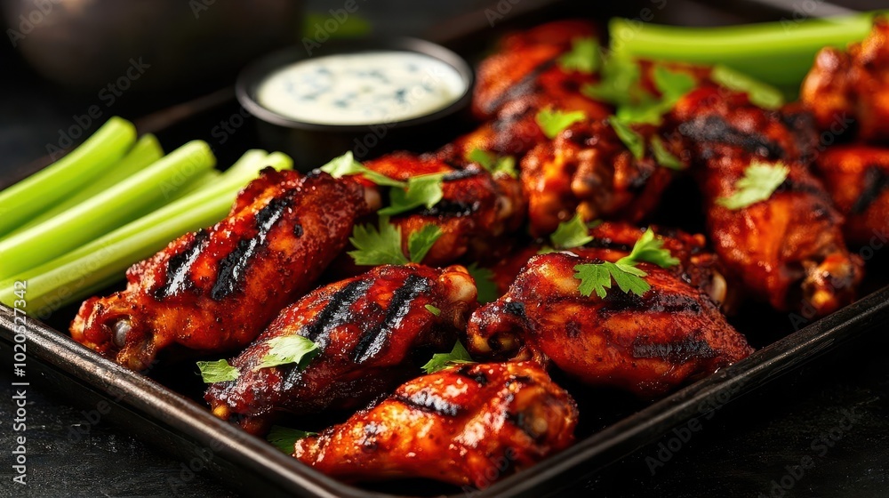Delicious Grilled Chicken Wings with Celery Sticks and Dip Delicious Grilled Chicken Wings with Celery Sticks and Dip