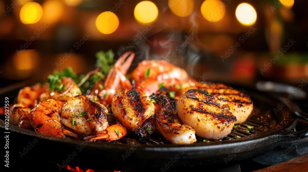 Grilled Seafood Shrimp Scallops Pan Restaurant Dinner Food Photography Grilled Seafood Shrimp Scallops Pan Restaurant Dinner Food Photography