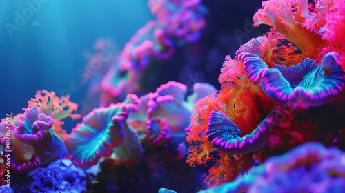 Aesthetic oceanic colorful fluorescent coral reef on blue background. Copy space. Aquarium hobby. Generative AI photo