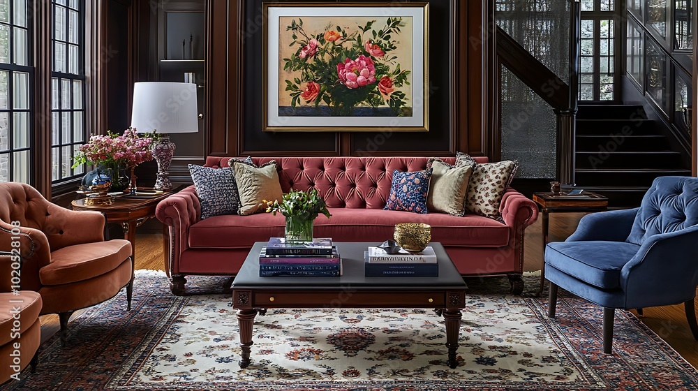 A Living Room with a Red Velvet Sofa, Blue Armchair, and a Floral Painting A Living Room with a Red Velvet Sofa, Blue Armchair, and a Floral Painting