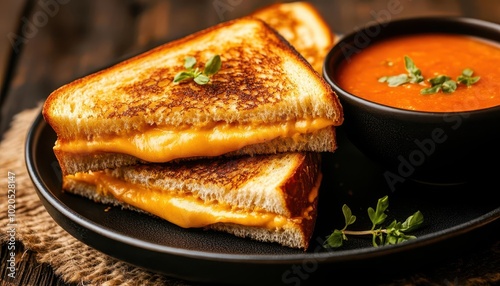 A close up image of a delicious grilled cheese sandwich with tomato soup