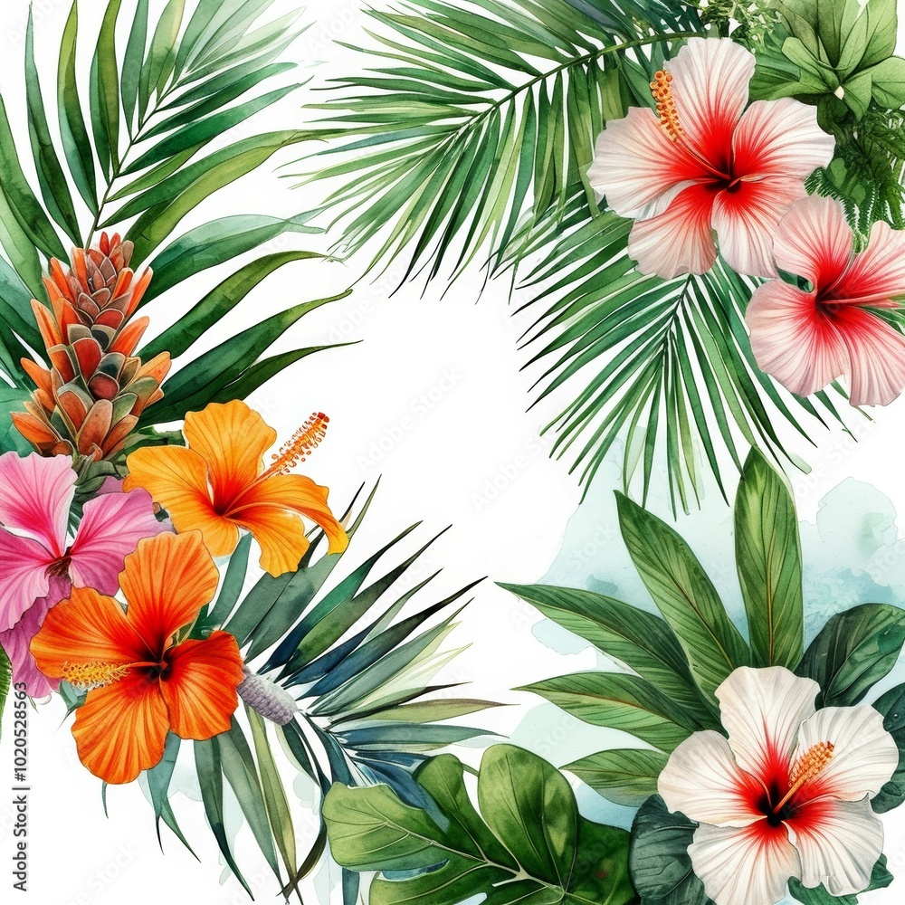 tropical leaves and flowers, hibiscus and others, fringing a white background in the corners, leaving a clean place in the center
