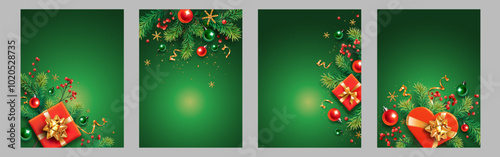 Set of vertical banners with gold, green and red Christmas symbols and text. Christmas tree, gift, balls, golden tinsel confetti and snowflakes on a green background. Luxury background.
