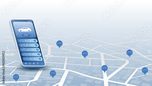 Smartphone displaying city map with taxi icon. Mobile application for booking cabs online, allowing users to select the right vehicle within the app. Vector illustration