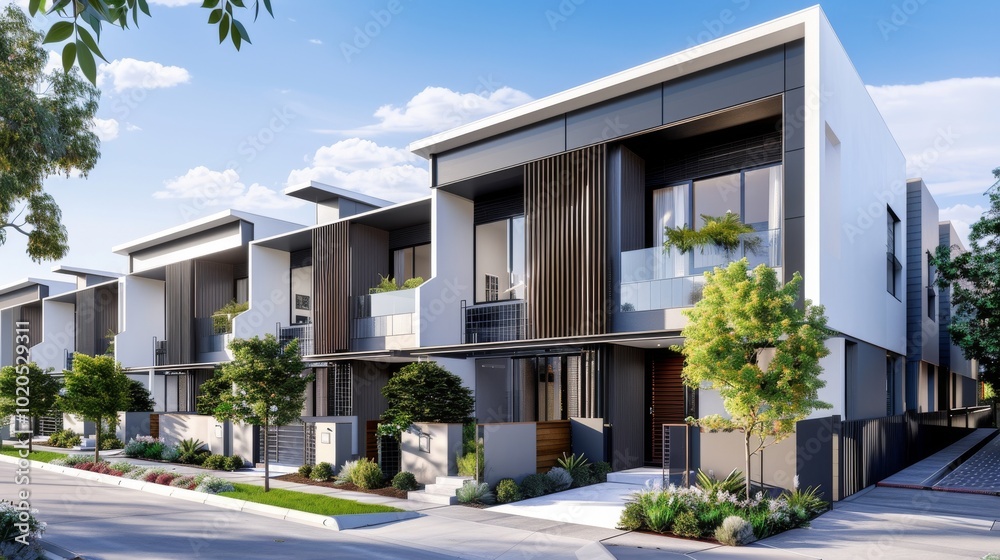 Sustainable Architecture: A line of sleek townhouses with gray roofs and white exteriors in an urban setting Sustainable Architecture: A line of sleek townhouses with gray roofs and white exteriors in an urban setting