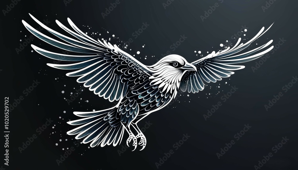 Obraz premium a bird in flight in gray colors on a dark background in a dispersed flight