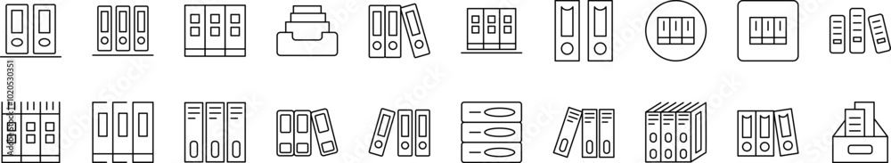 Shelved Documents Outline Icon Collection. Editable Stroke. Perfect for Infographics, Articles, Books, Flyers, Banners Shelved Documents Outline Icon Collection. Editable Stroke. Perfect for Infographics, Articles, Books, Flyers, Banners