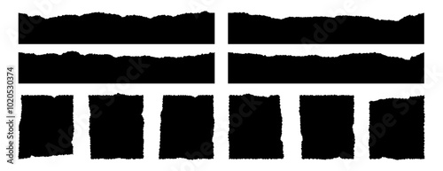 Set of ripped jagged torn paper text box, border shapes vector illustration