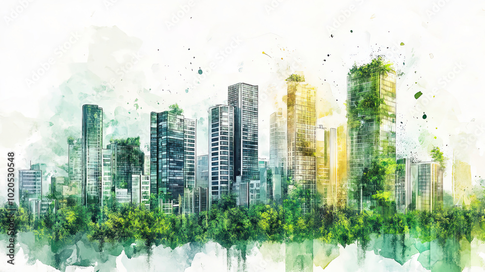 Nachhaltige Stadtlandschaft aus Hochhäusern und Pflanzen - Urbaner Jungle Aquarell in sanften Farben