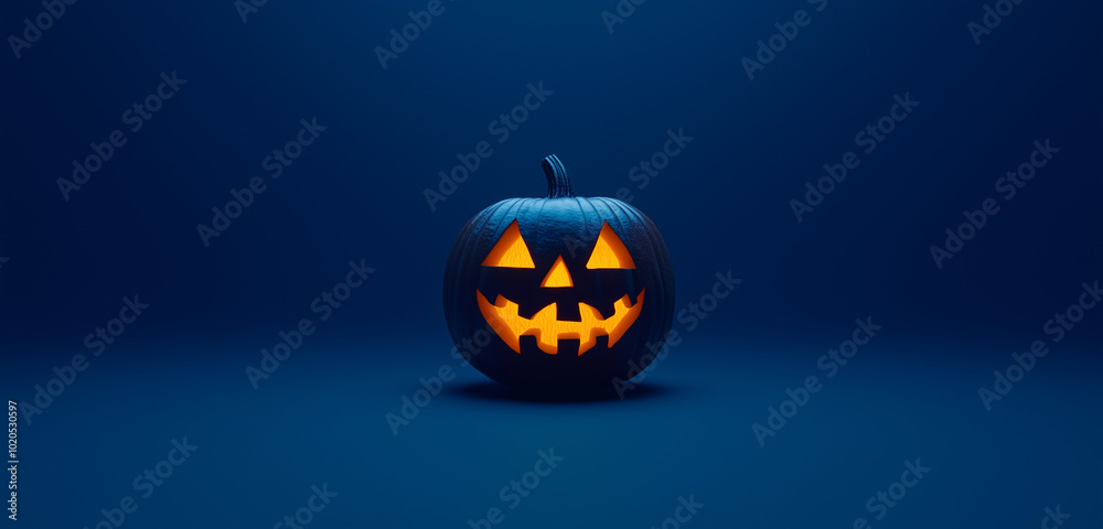 A Halloween pumpkin with a carved face glows against a dark blue background, featuring a banner design concept with copy space.Minimal creative holiday concept.Flat lay A Halloween pumpkin with a carved face glows against a dark blue background, featuring a banner design concept with copy space.Minimal creative holiday concept.Flat lay