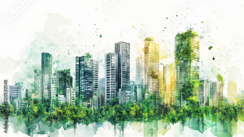 Obraz na płótnie Nachhaltige Stadtlandschaft aus Hochhäusern und Pflanzen - Urbaner Jungle Aquarell in sanften Farben w salonie