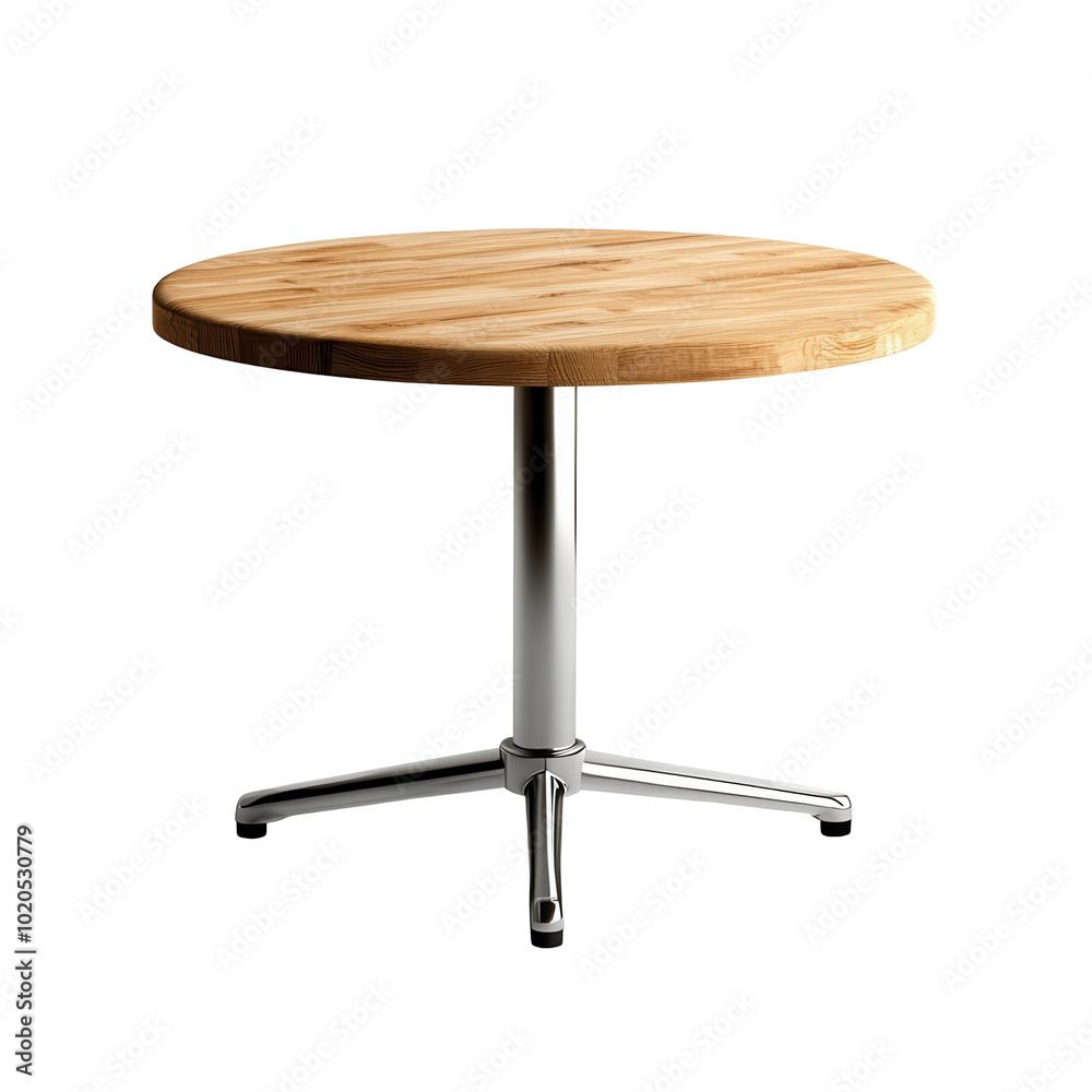 Round wooden cafe table with sleek chrome base, isolated on a white background, transparent background. Round wooden cafe table with sleek chrome base, isolated on a white background, transparent background.