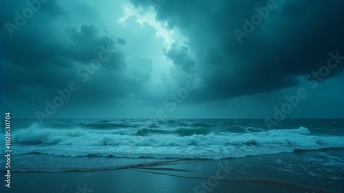 Hurricane Over the Ocean, A stormy ocean with huge waves crashing beneath dark, swirling clouds as the hurricane churns offshore.