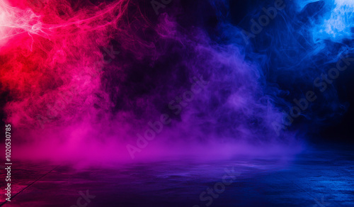 An abstract background features spider webs and neon lights with smoke on a dark room floor, creating a Halloween-themed digital backdrop with a dark setting highlighted by purple, red, and blue neon 