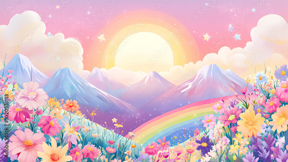 Fototapeta premium landscape with flowers and rainbow