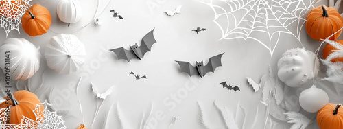 A vector Halloween sale banner features paper-cut bats, spider webs, and pumpkins against a light gray background.Copy space,flat lay  photo