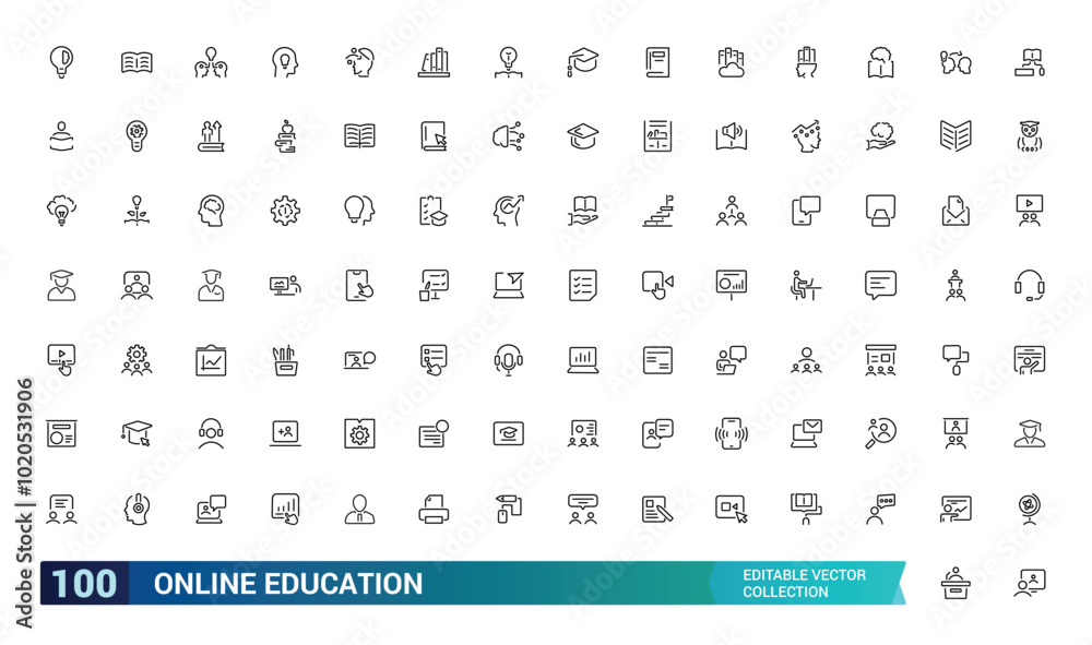 Set of Online Education Line Icons, E-book, On-line Lecture, Education Plan and more, minimal thin web icon collection. Editable stroke, vector illustration. Set of Online Education Line Icons, E-book, On-line Lecture, Education Plan and more, minimal thin web icon collection. Editable stroke, vector illustration.