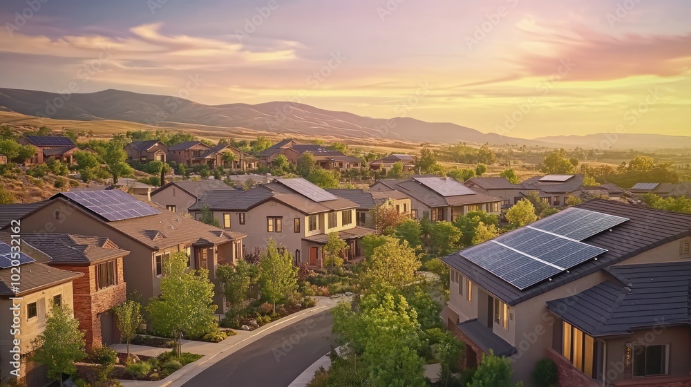 Suburban Homes with Solar Panels at Sunset Suburban Homes with Solar Panels at Sunset