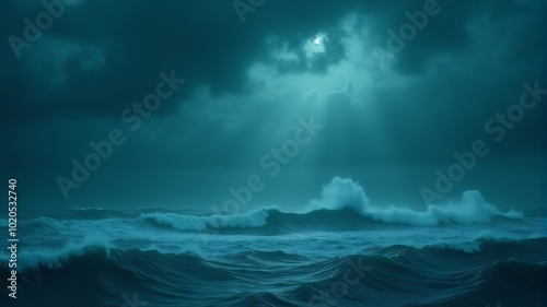 Hurricane Over the Ocean, A stormy ocean with huge waves crashing beneath dark, swirling clouds as the hurricane churns offshore.