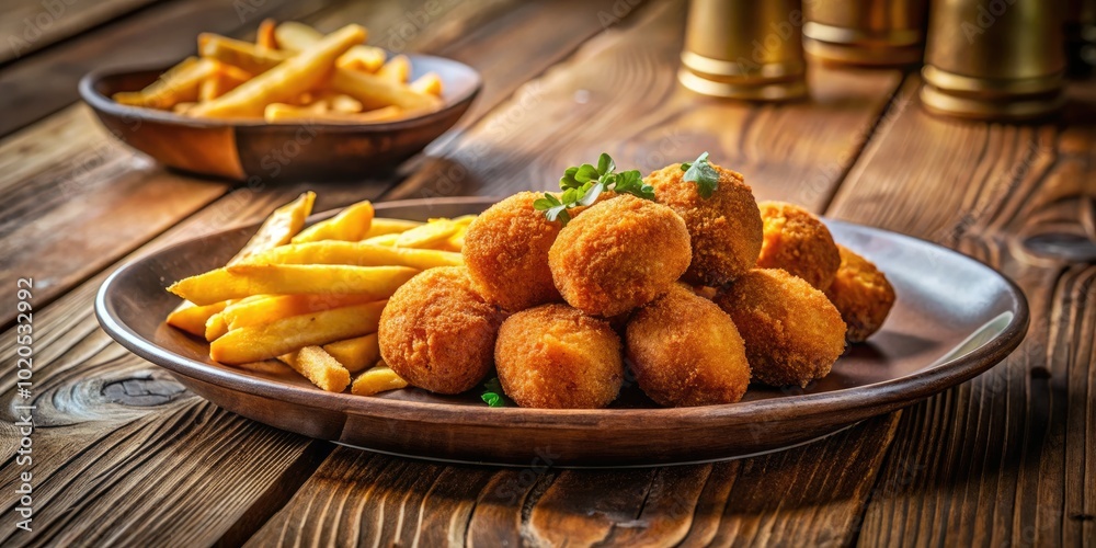 Traditional cocido croquettes paired with crispy French fries, beautifully presented in a minimalist style that captures the essence of La Coruña’s comforting cuisine. Traditional cocido croquettes paired with crispy French fries, beautifully presented in a minimalist style that captures the essence of La Coruña’s comforting cuisine.