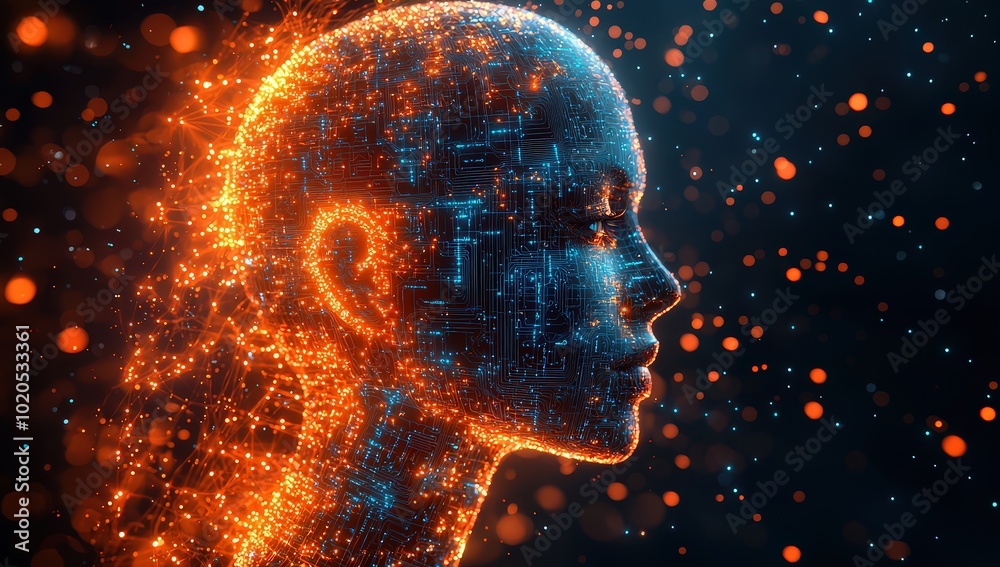 head of an artificial intelligence with digital circuitry in glowing blue and orange. 