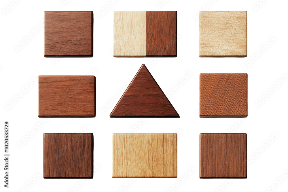 Wooden shapes in various colors and textures arranged isolated on a white background, transparent background. Wooden shapes in various colors and textures arranged isolated on a white background, transparent background.