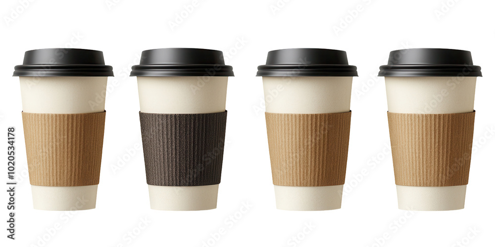 Eco friendly to go coffee cups in various designs and colors isolated on a white background, transparent background.