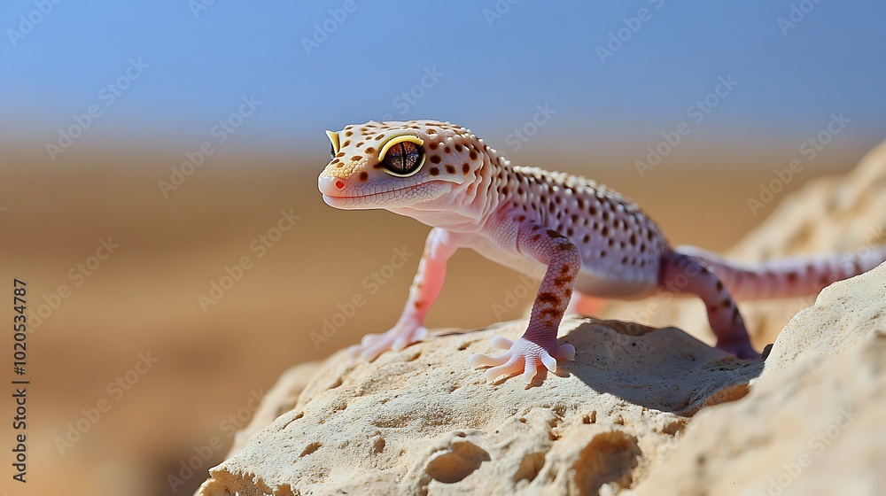 Naklejka premium A close-up of a leopard gecko perched on a rock in a desert environment.