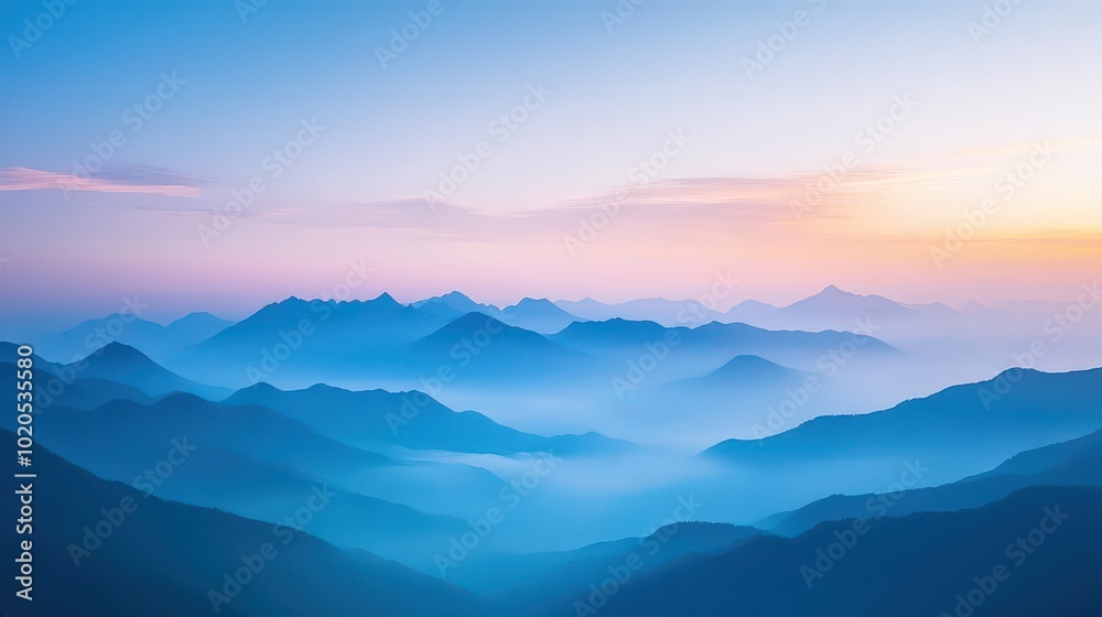Fototapeta premium Misty mountain valley at dawn, soft morning light, serene and peaceful
